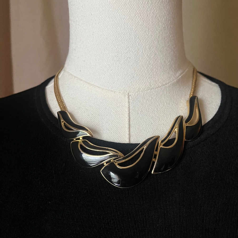 Vintage Black Enamel Gold Sculptural Collar Necklace 17.5" Statement